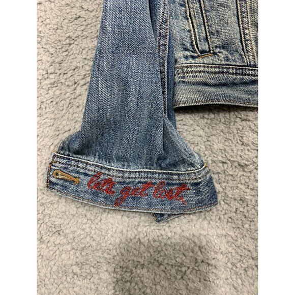 American Eagle (M) Blue Jean Denim Jacket Floral Wearable Art Distressed Pockets - Picture 5 of 16